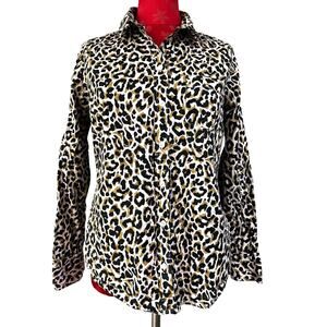 J. Crew sz M blouse animal print top black white tan classic career 100% cotton